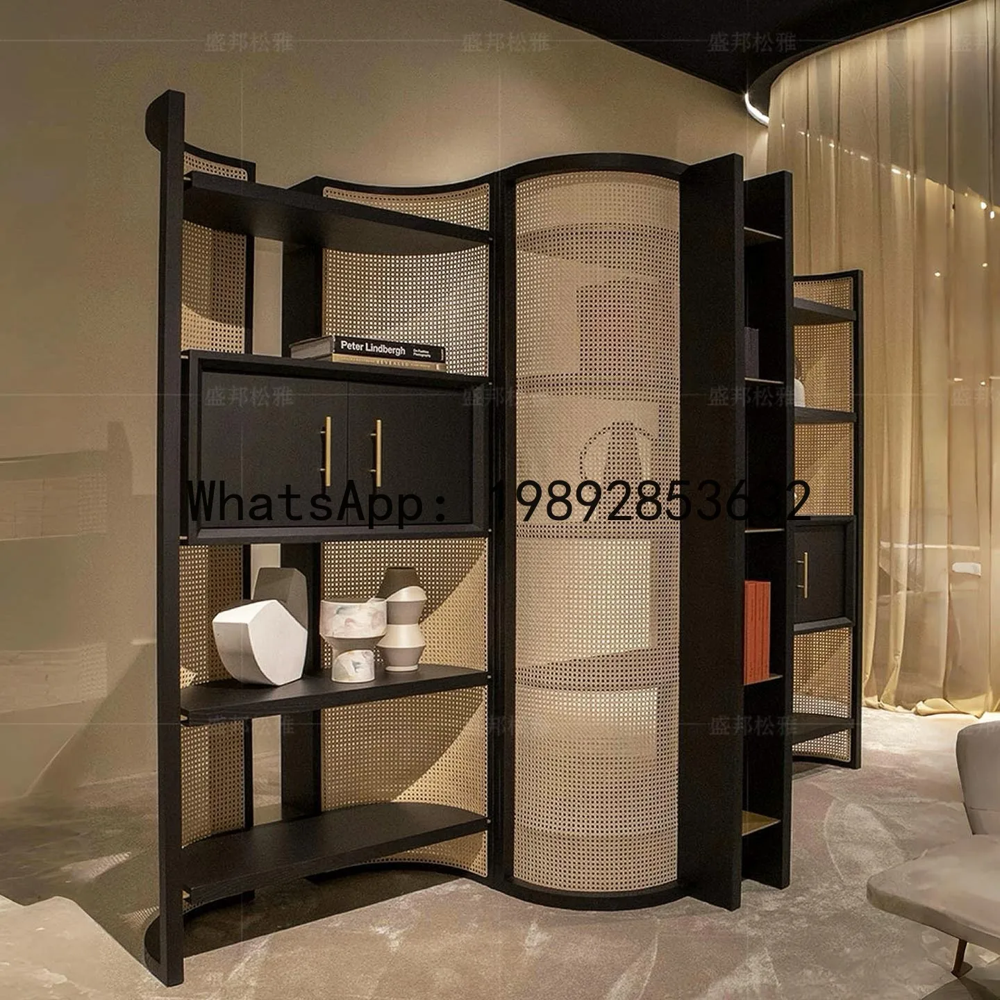 LYY Italian Style Light Luxury Rattan Bookshelf Living Room Floor Modern High-End  Screen Combination Solid Wood Storage Rack