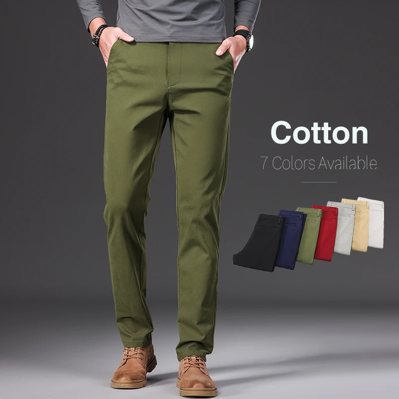 

97% Cotton Elastic Casual Pants for Men Autumn Slim Straight Solid Color Business Trousers Classic Black Blue ArmyGreen Khaki