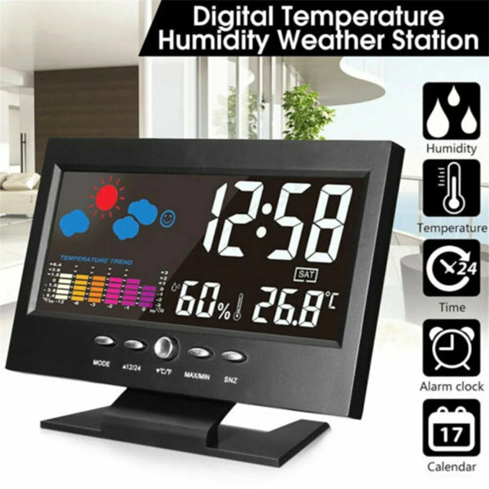 USB Cable Clock Radio Alarm Clock With Large Color Voice Controlled Touch Screen Humidity Test 5-in-1 Meteorological Station