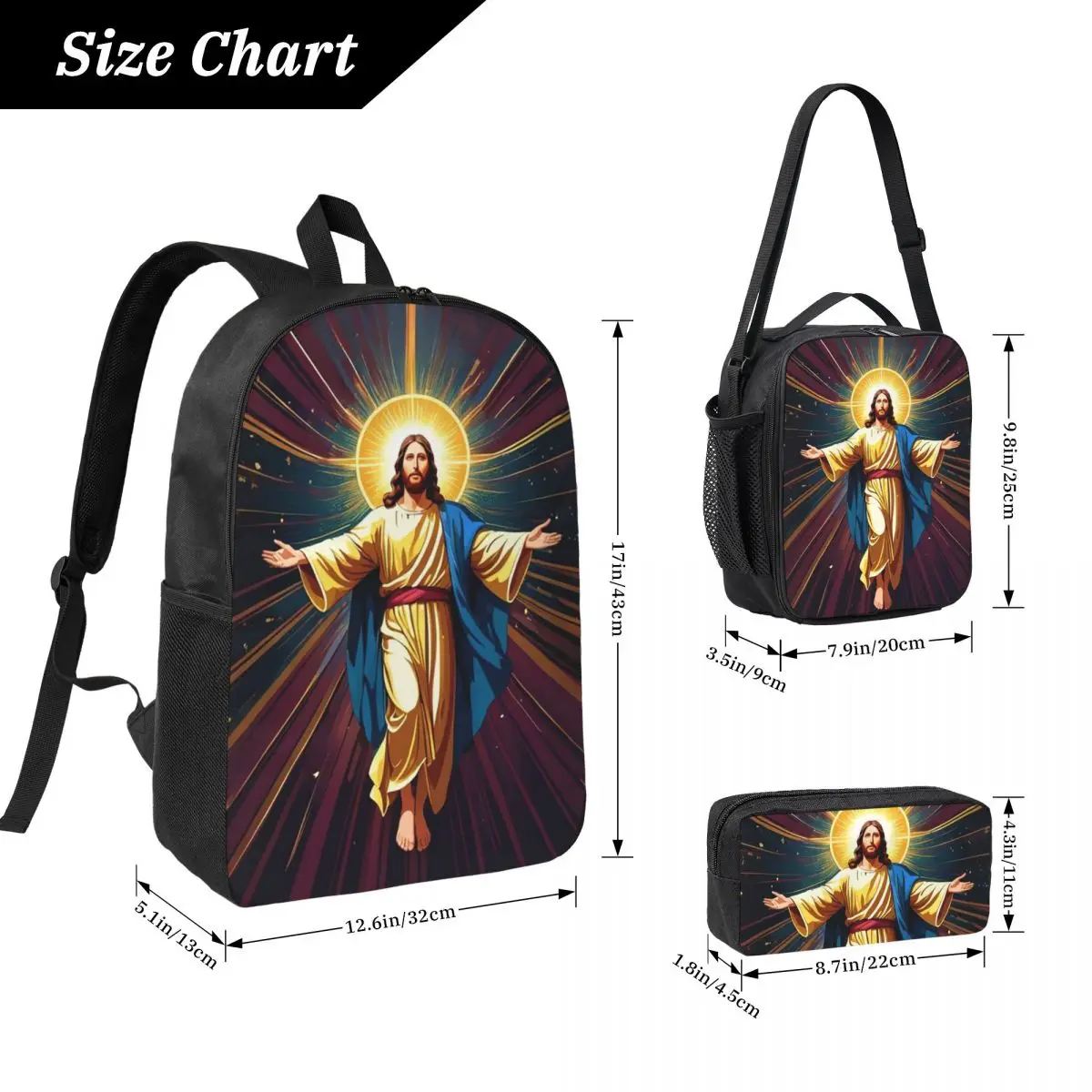 Catholicism Saints Jesus Mary Backpack Student BookBag School Bag Computer Shoulder Bags 3ps Insulated Lunch Bag Pencil Case