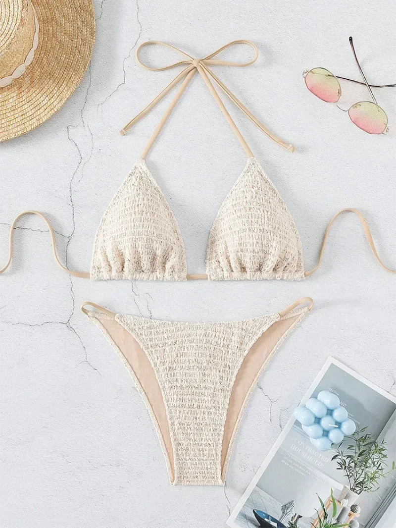 

sexy beige wrinkled halter micro mini bikini sets two pieces tie women thong swimsuit female bathing suit swimwear biquini
