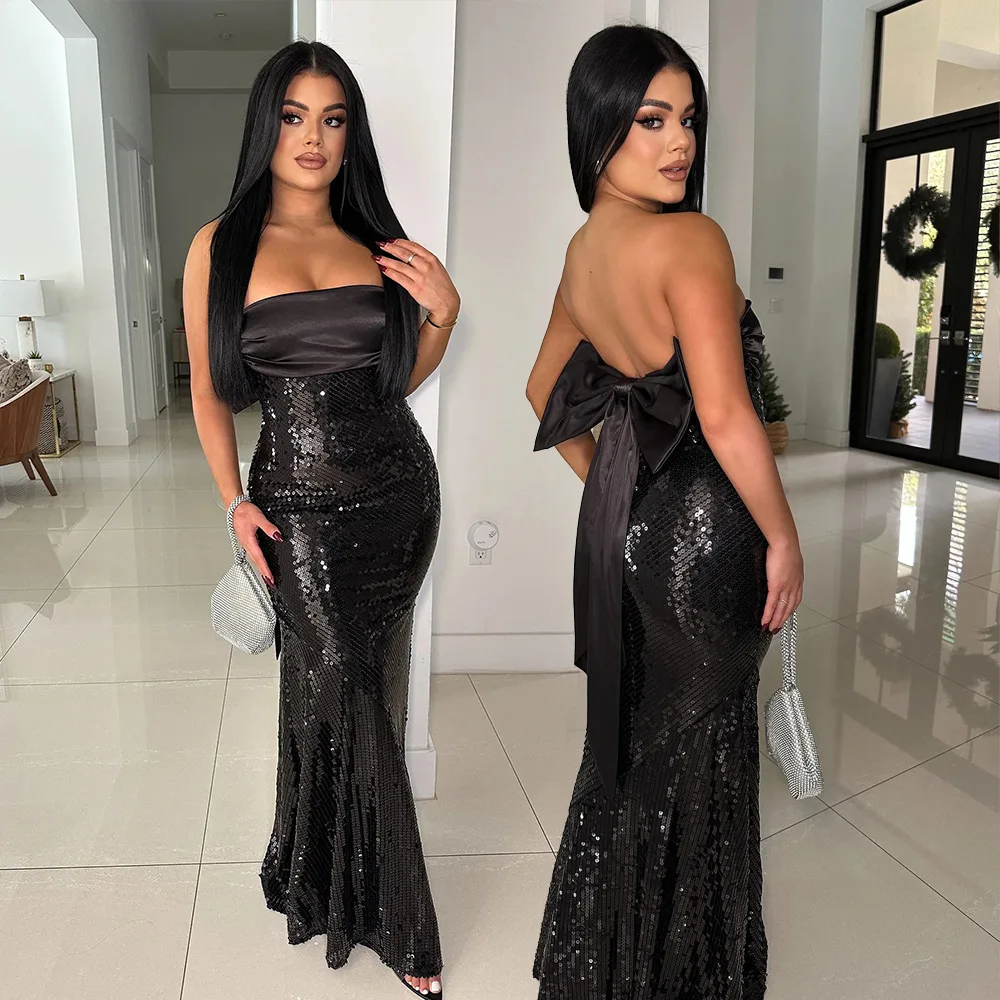 

Satin Bow Ribbon Patchwork Sequins Mermaid Maxi Evening Party Dress Women Sexy Strapless Backless Banquet Long Robe Clubwear