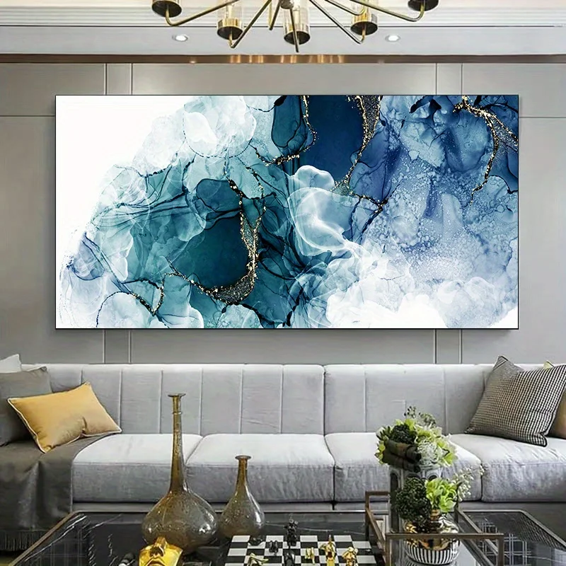 1pc Frameless Modern Abstract Fluid Art Canvas - Striking Blue, White & Golden Swirls for Living Room & Bedroom Decor, Wall Art