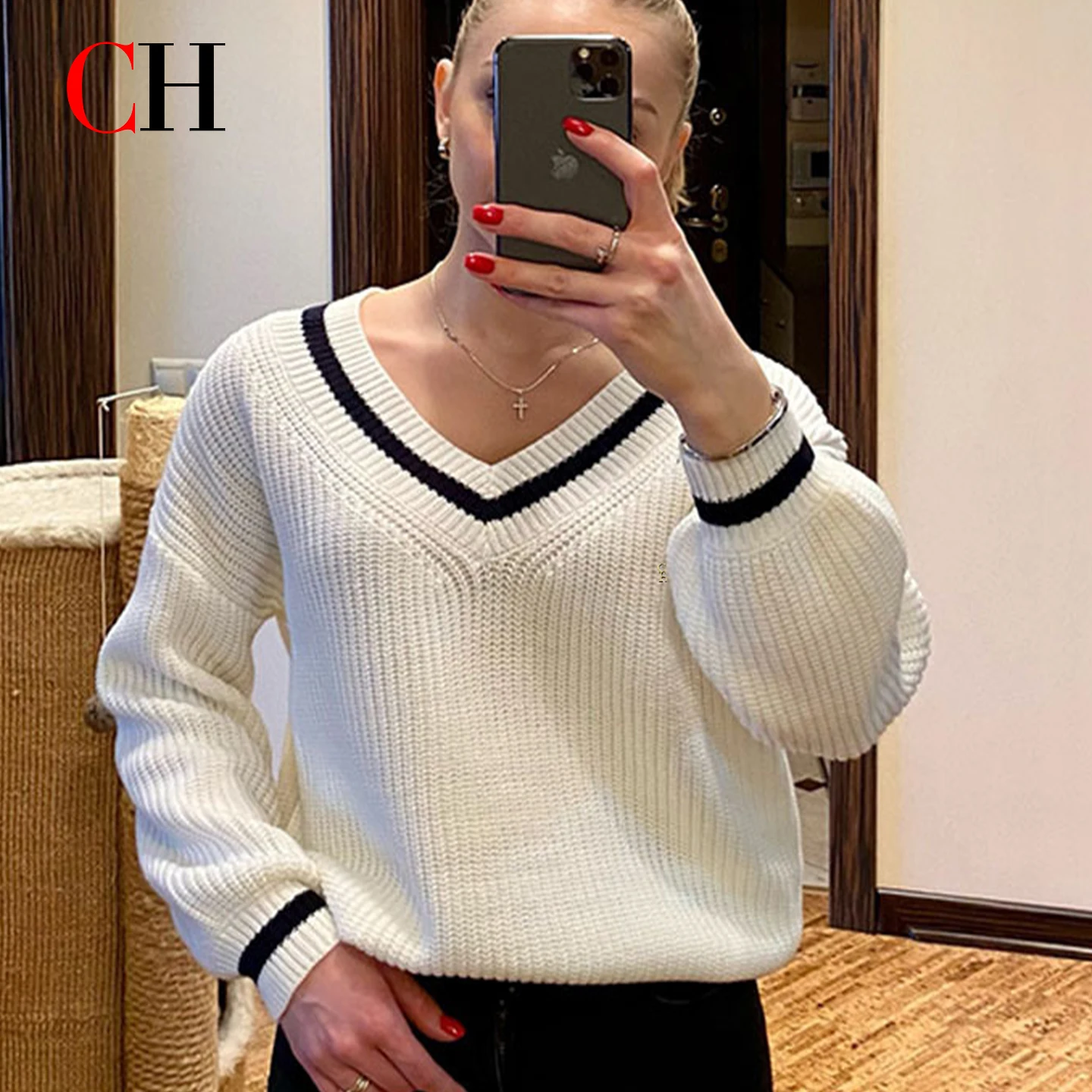 

Женский свитер в французском стиле с V-образным вырезом и контрастной отделкой, оверсайз, вязаный пуловер с рукавами-фонариками, повседневный трикотажный топ для офиса и на каждый день