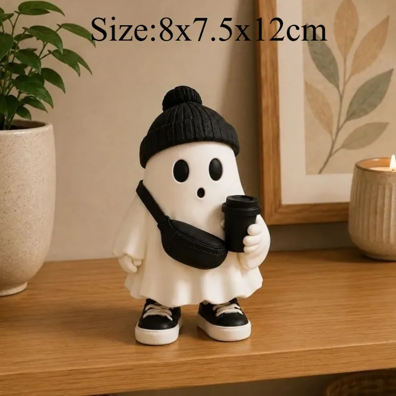 Cute Ghost Figurine Reading Book Drinking Coffee Listening Music, Halloween Decoration, Resin Craft Holiday Gift for Halloween