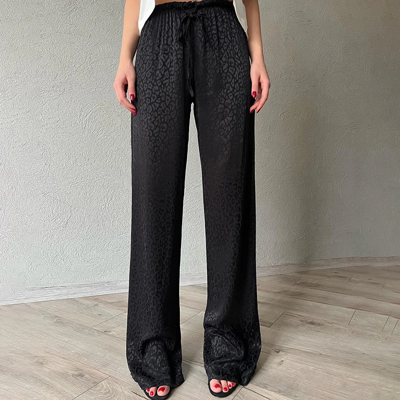 Summer Black Pants Women Fashion Lace-up Loose Trousers Ice Silk Casual Leopard Print Retro High Waist Straight Pants Streetwear