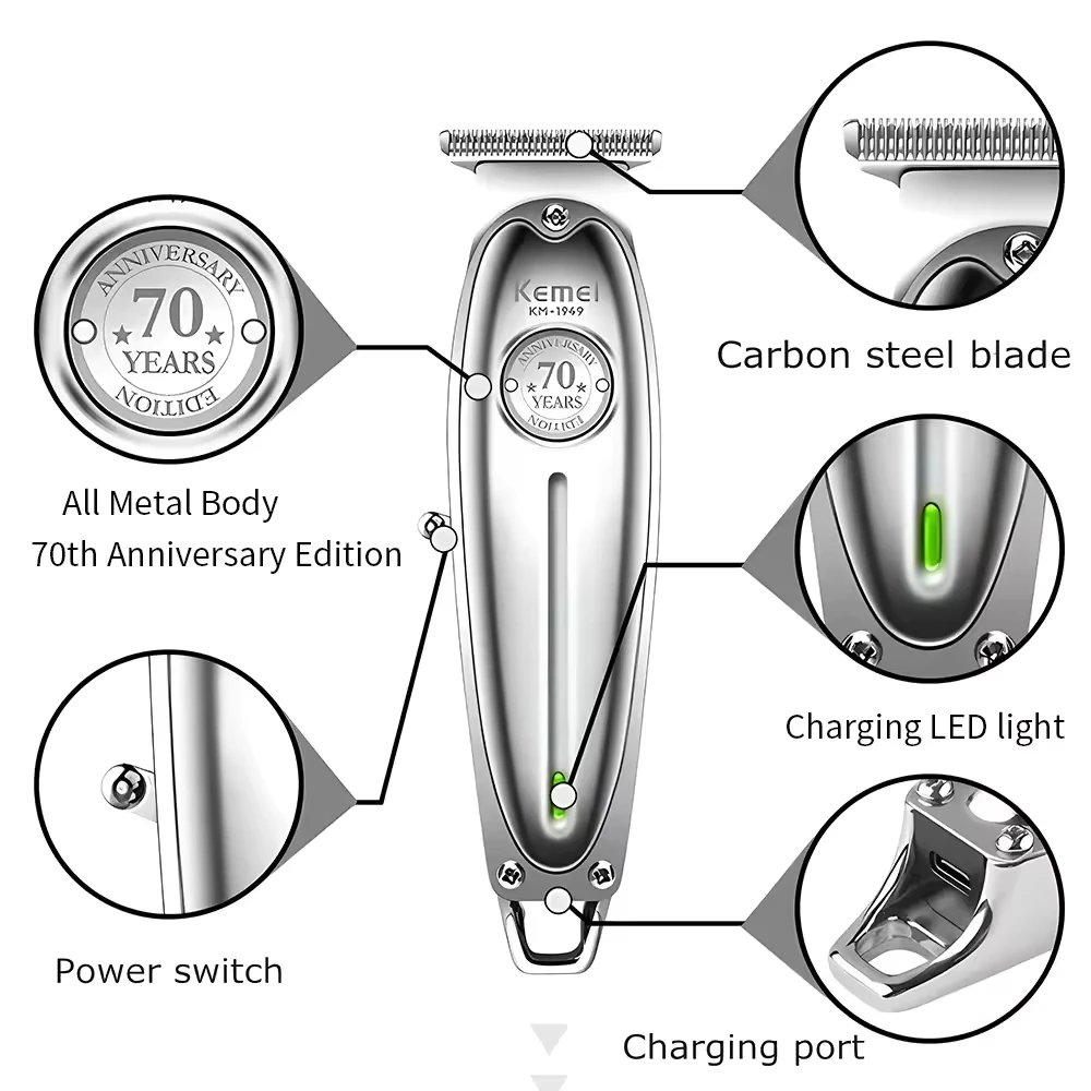 Kemei Professional Electric Hair Clipper Aviation Aluminium Alloy Fuselage Barber Carbon Steel Cutter USB Charge Trimmer KM-1949