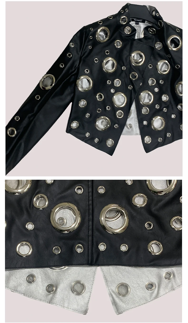 Mauroicardi Spring Short Hollow Out Patchwork Short Pu Leather Jacket Women Cool Luxury Designer European Style Clothes Fashion