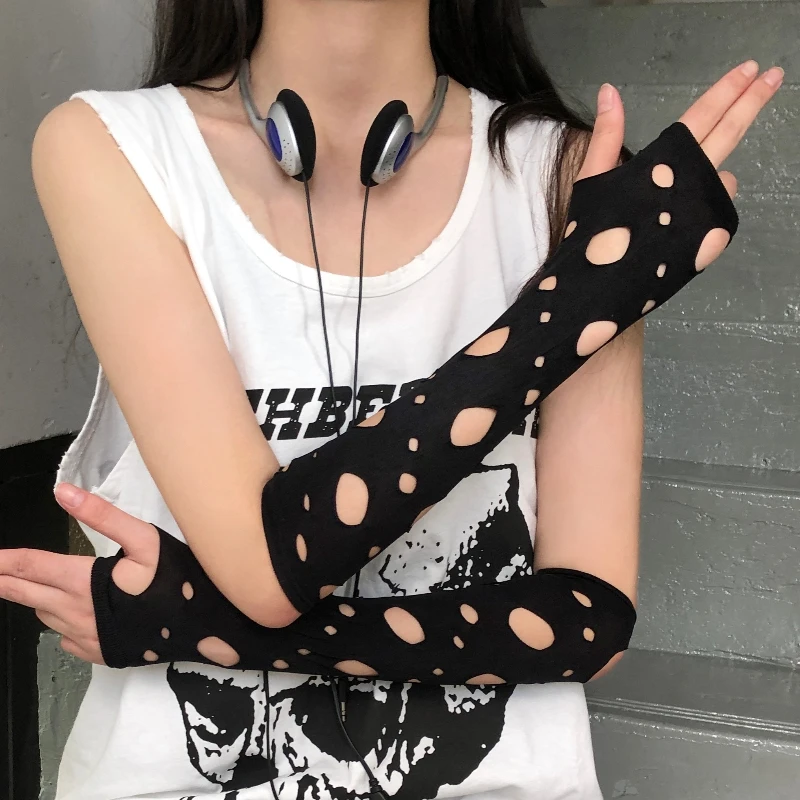 유니섹스 고딕 블랙 장갑 섹시한 핑거리스 롱 장갑 여성용 남성용 속이 빈 장갑 장갑 Clubwear Dance Cosplay Accessories
