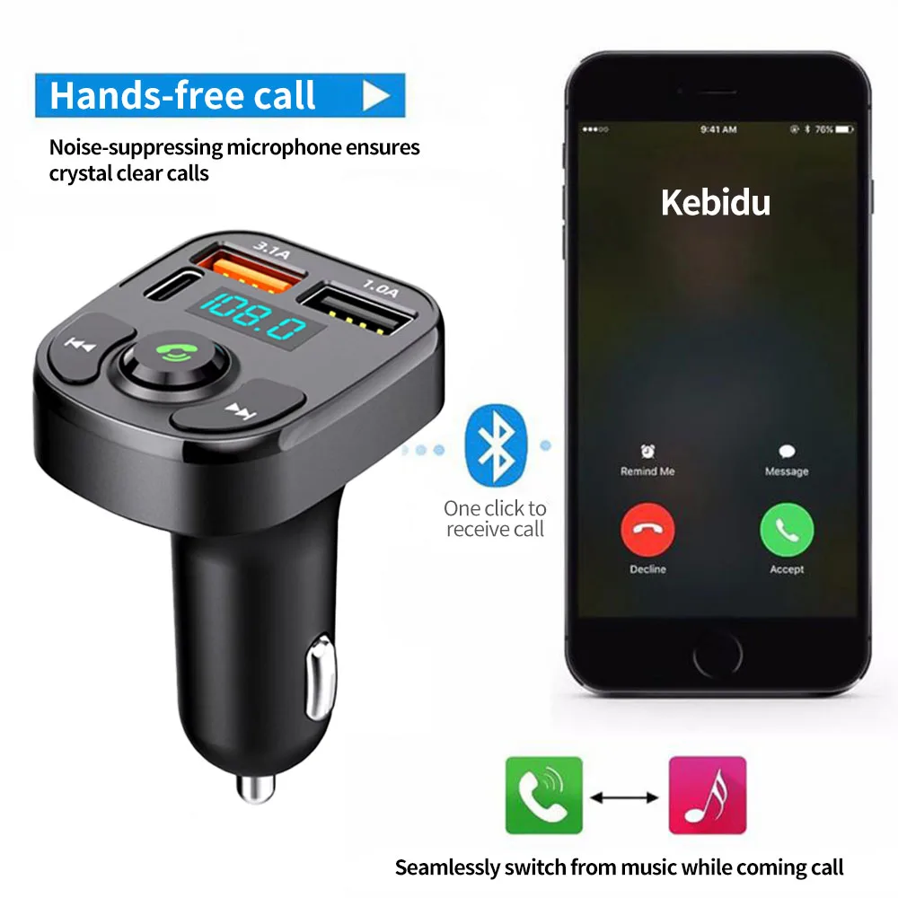 Digital Bluetooth 5.0 FM Transmitter,Car Handsfree Kit with Type C+3.1A Dual USB Phone Charger,FM Radio U-disk AUX Music Adapter