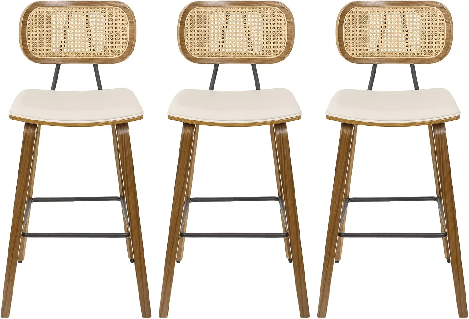 Counter Height Bar Stools Set of 3, Mid Century Modern Counter Stools, 26" Wood Kitchen PU Leather Upholstered , Cream White