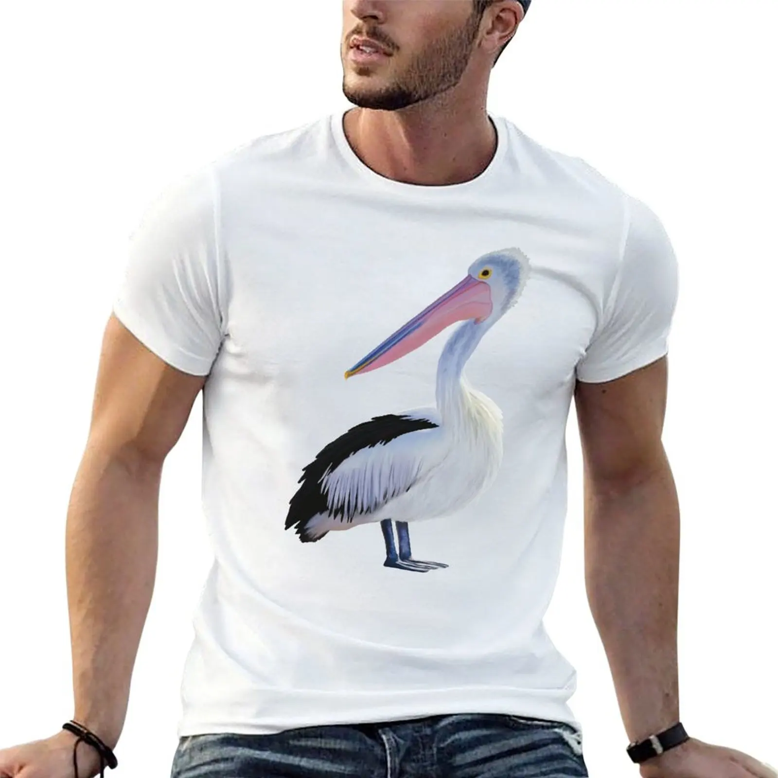Arte de hombre Pelican, gran algodón blanco para playa temática suave para ilustración. camisas pájaro t regalo amantes de la camiseta