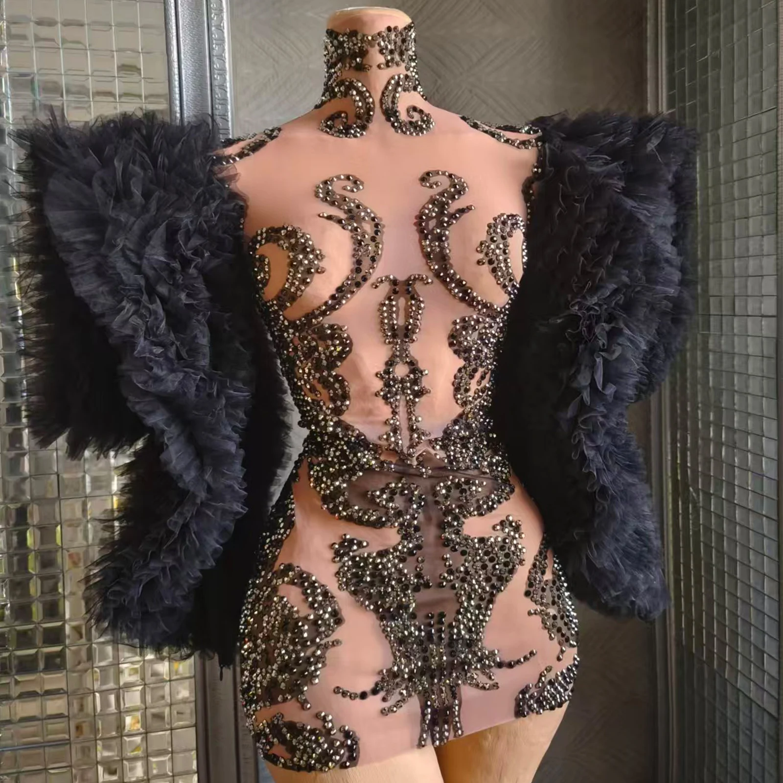 

black sparkle Rhinestones Dress Women long sleeve nightclub festival DS Birthday Party Celebrate drag queen costumes Hallowmas