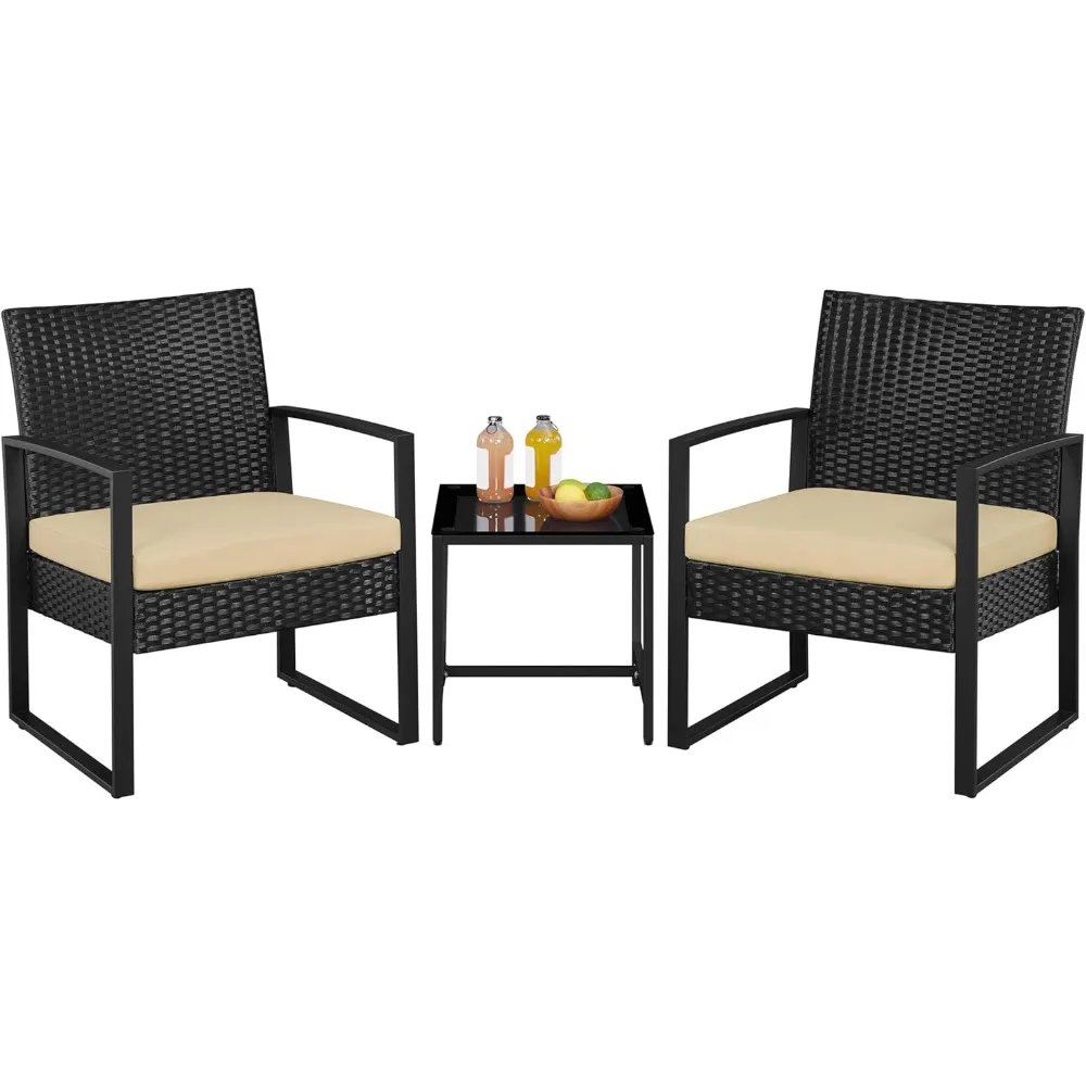 

3 Pieces Rattan Bistro Set, Indoor/Outdoor Wicker Patio Modern Conversation Furniture, 2 Chairs & Tempered Glass Coffee Table f
