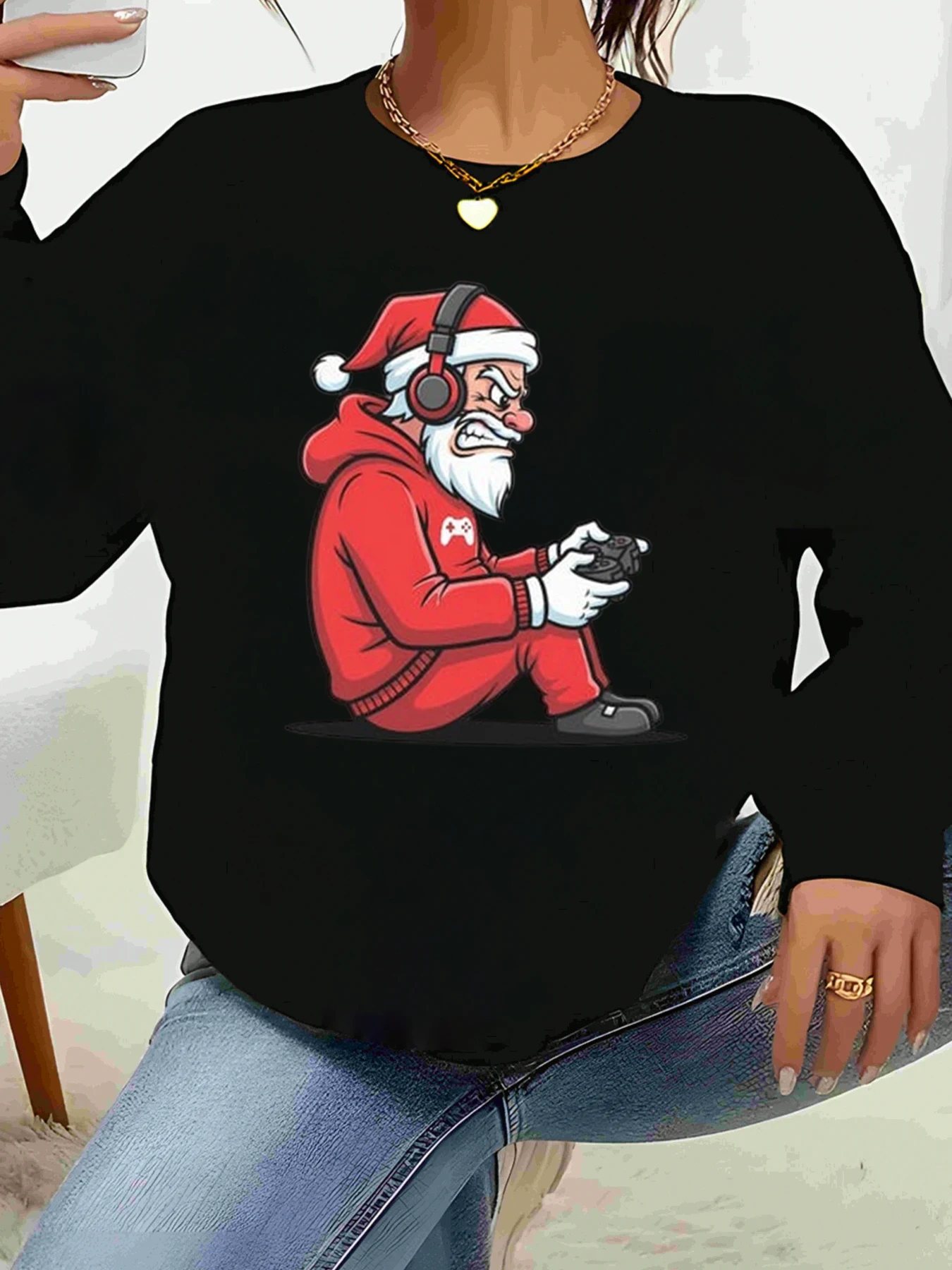 

Рождественский свитшот с длинными рукавами и принтом Санта-геймера, повседневная женская одежда