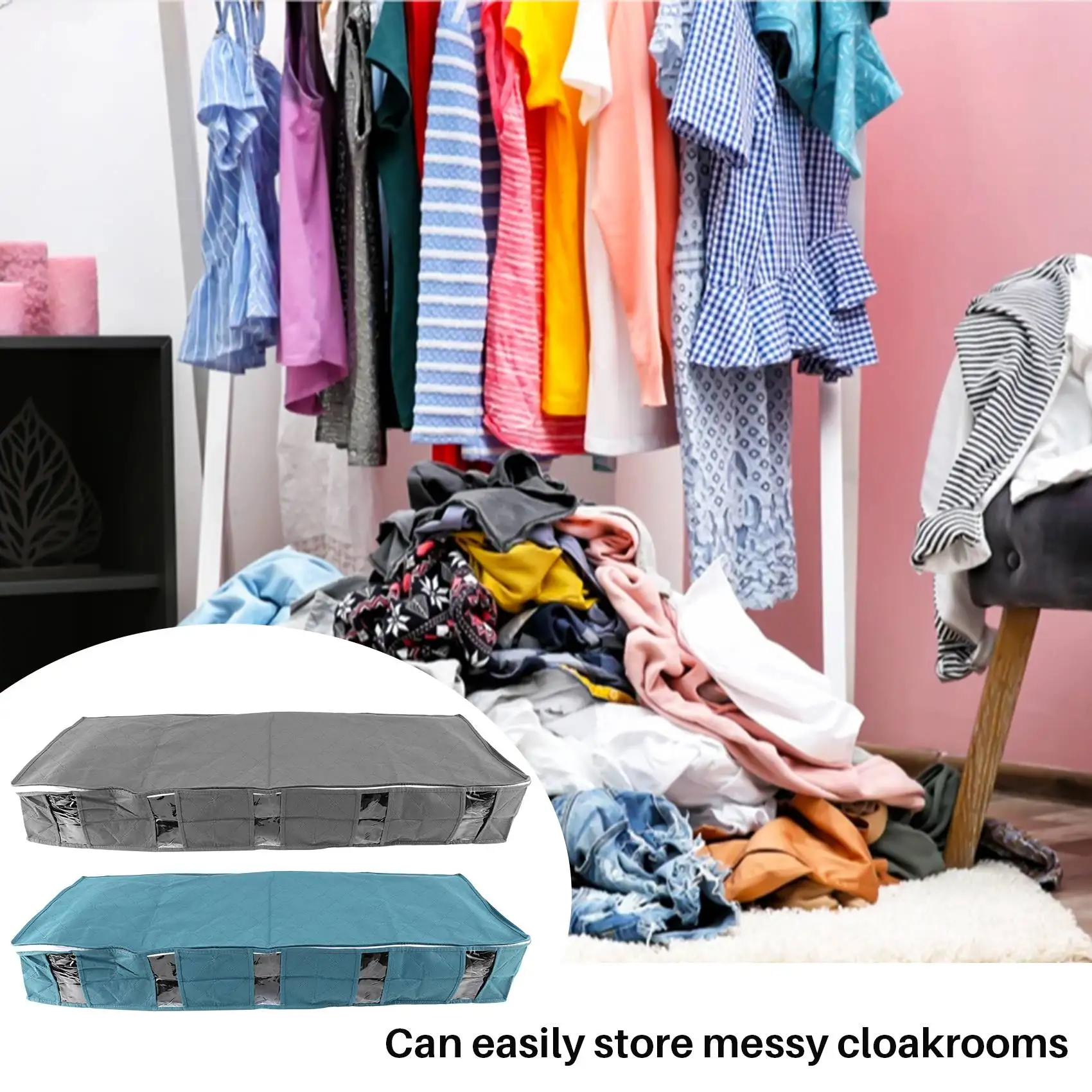 3PC Large Underbed Storage Bags, Blankets Clothes Comforters Foldable Organizer Container with Clear Window Gray+Blue