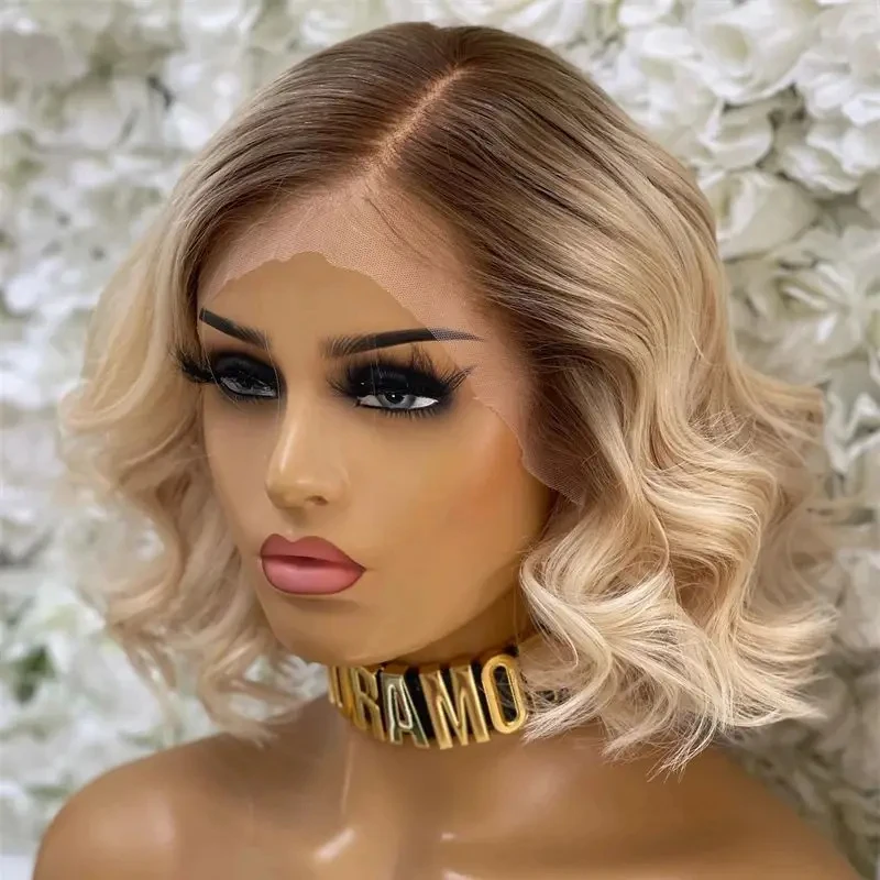 

Glueless Wig Short Wavy Bob Light Blonde HD Synthetic Lace Front Wig Free Part Wig Natural Wigs Gift For Her Preplucked Hairline