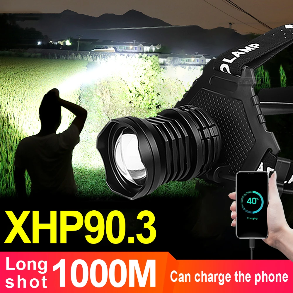 Super Bright XHP 90.3 Headlight Led Head Flashlight Rechargeable Head Flashlight 90 Degree Adjustment Torch Camping LED Lantern