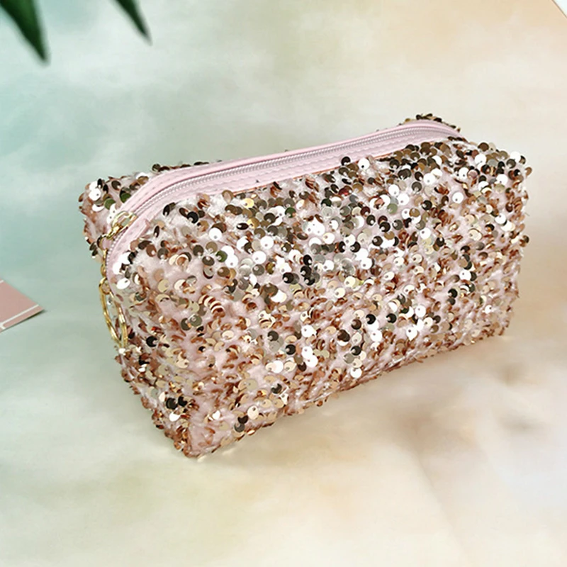 Sac à cosmétiques brodé à paillettes pour femmes, sac de maquillage à paillettes, rangement de voyage, pochette à fermeture éclair de grande capacité, sac à main de toilette