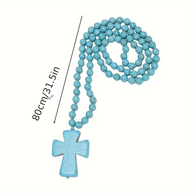 Ethnic wind turquoise necklace Women\'s retro cross pendant Long necklace imitation turquoise sweater chain