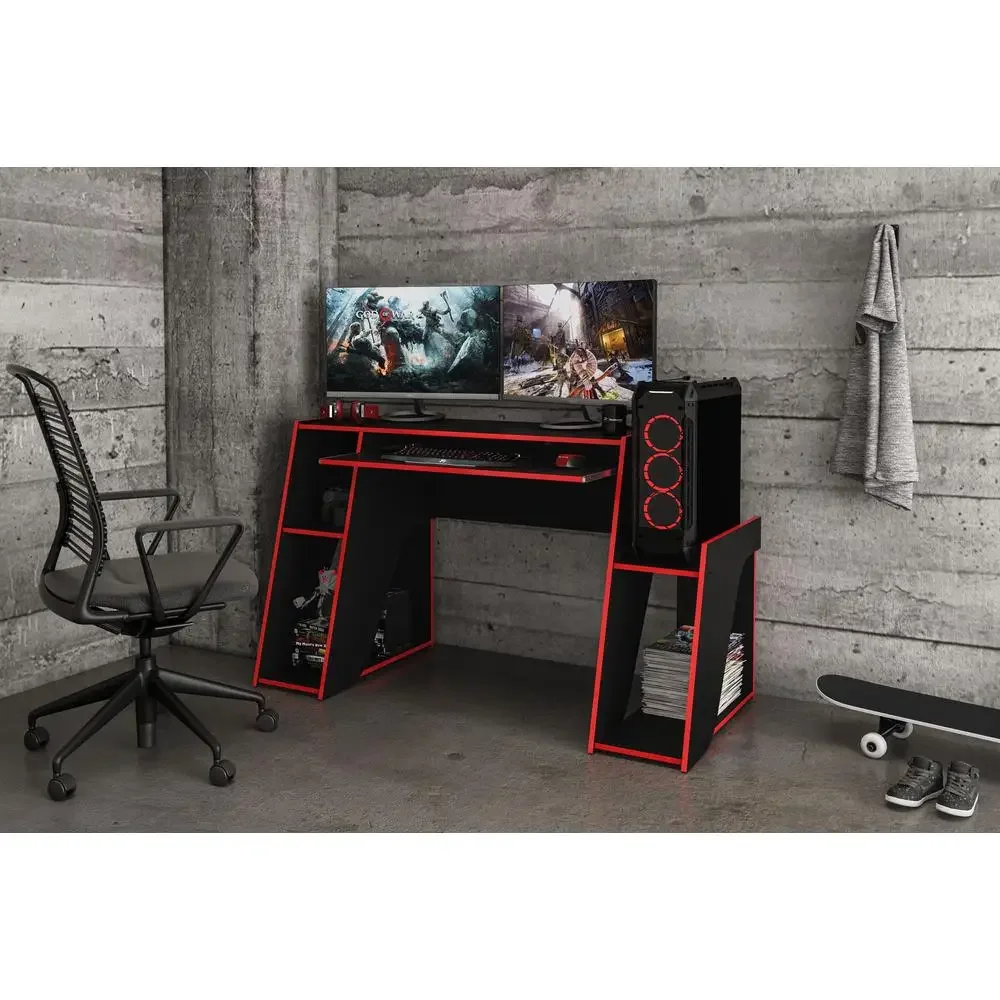 Gaming Computer Desk Keyboard Tray Shelves Cable Management Red Black Wood Melamine Finish Kyoto Collection Large Surface Top