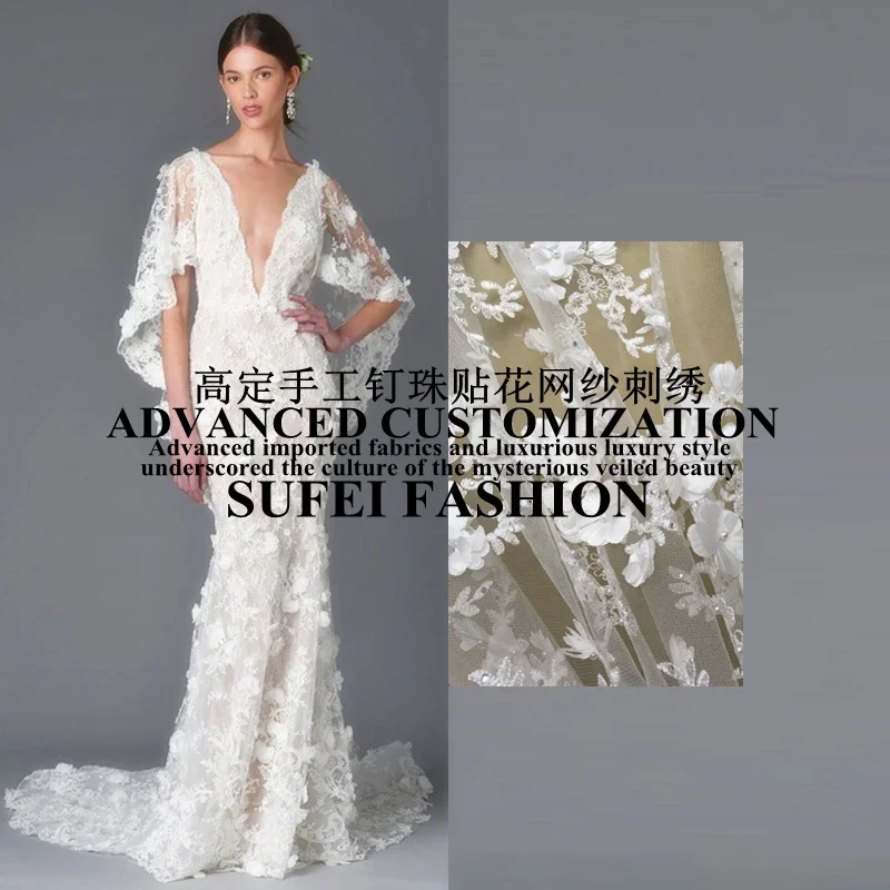 

130cm wide elegant white appique embroideried beading net lace wedding dress cheongsam fabric S163