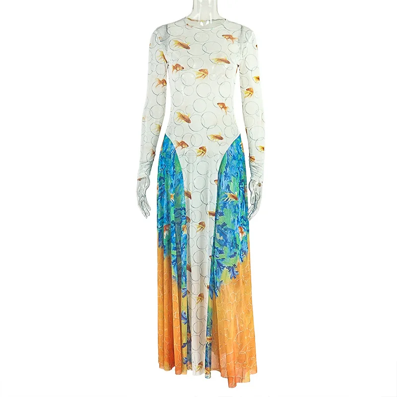 Goldfisch Bunte Print Patchwork Sheer Mesh Maxi Kleid Frauen Mode O Hals Volle Hülse A-line Party Lange Robe Urlaub Outfits