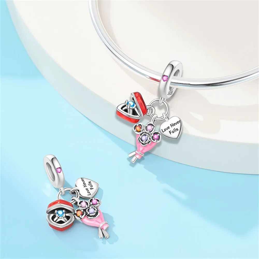 

925 Silver Charms Tulip Bouquet Pink House Romantic Wedding Zircon Beads Pendants Fit Original Bracelets DIY Jewelry for Women