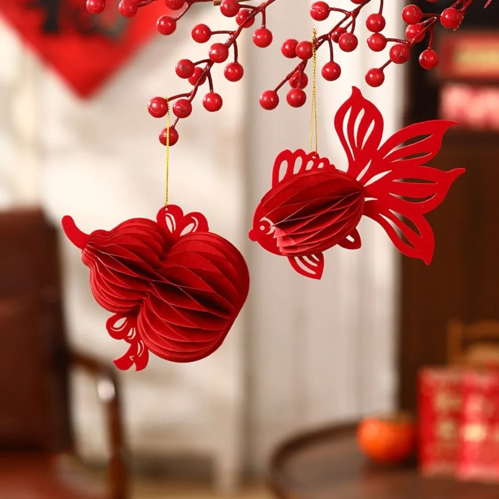 Red Chinese New Year Decoration Koi Small Honeycomb Lantern Chinese Knot Gourds Shape 3D Felt Pendant Spring Festival