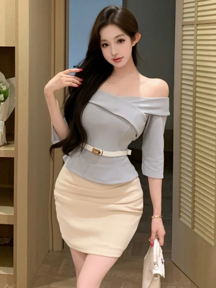 

Casual Fashion Gentle Shoulder Design Slim Fit Midi Skirt Set Pure Color Bustier Top And Wrap around Skirt Sexy Style for Women