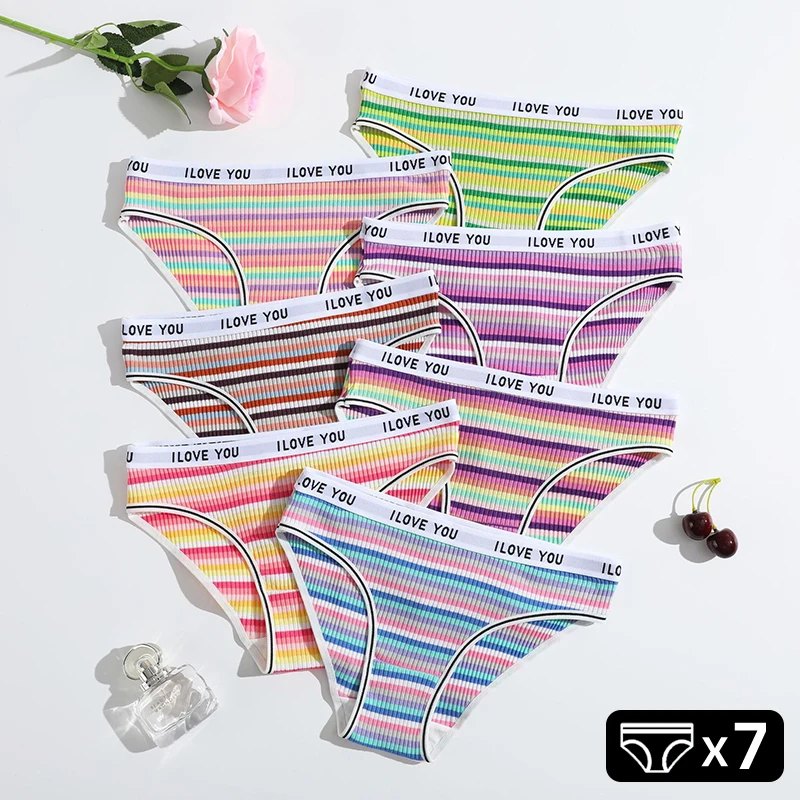 

7 шт. хлопковых трусиков для женщин, сексуальное нижнее белье, разноцветные полосатые трусы, мягкие дышащие трусики, приятные для кожи, женское белье
