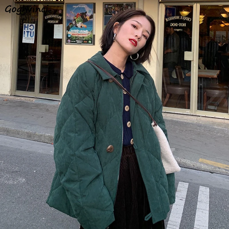 

Winter Parkas for Women Argyle Korean Style Fashion College Baggy Outerwear Harajuku Sweet All-match Casual Students BF Simple