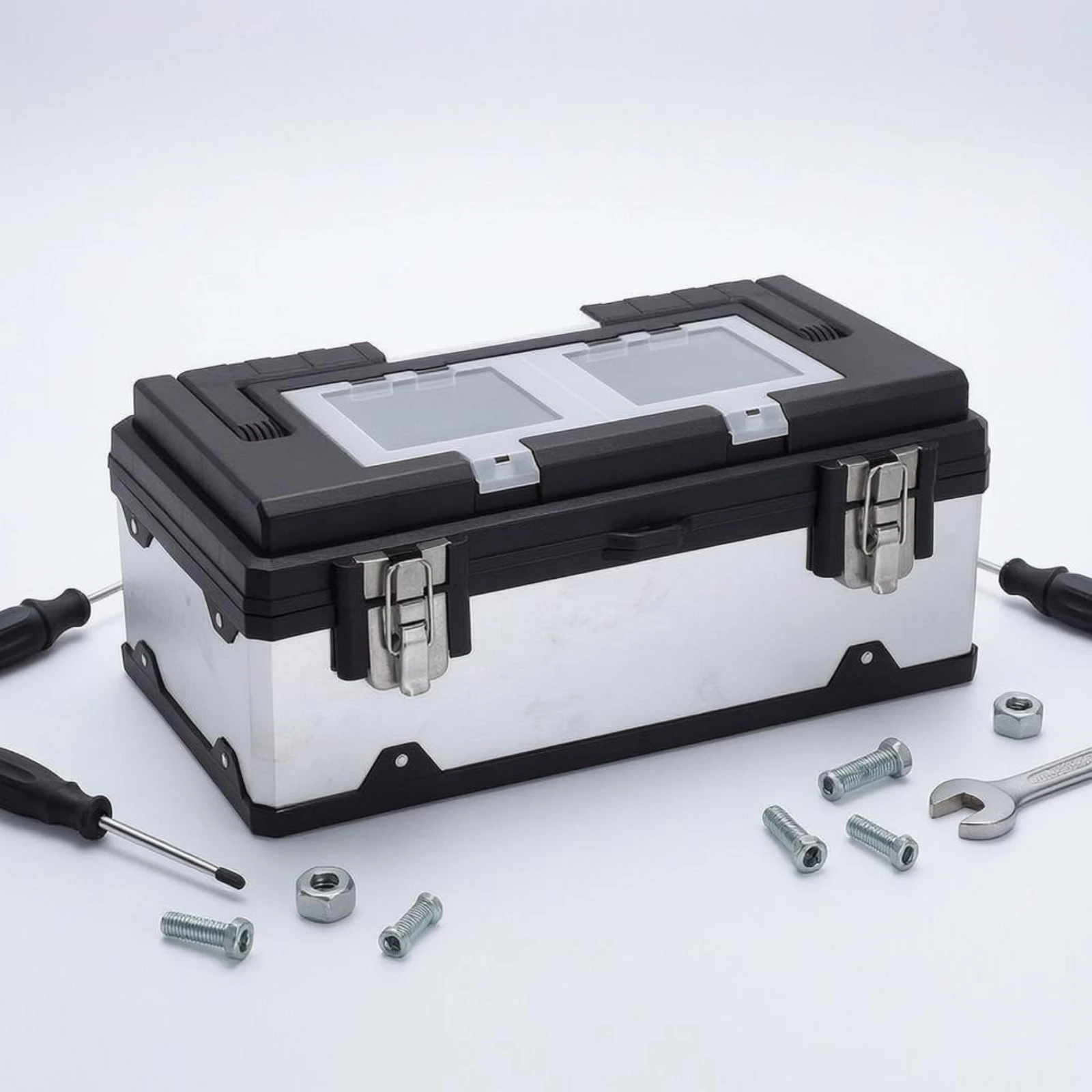 Two-Layer Toolbox Metal Latches Hard Plastic Toolbox Plastic Tool Box Sturdy Tool Organizer Box Foldable for Repair Work