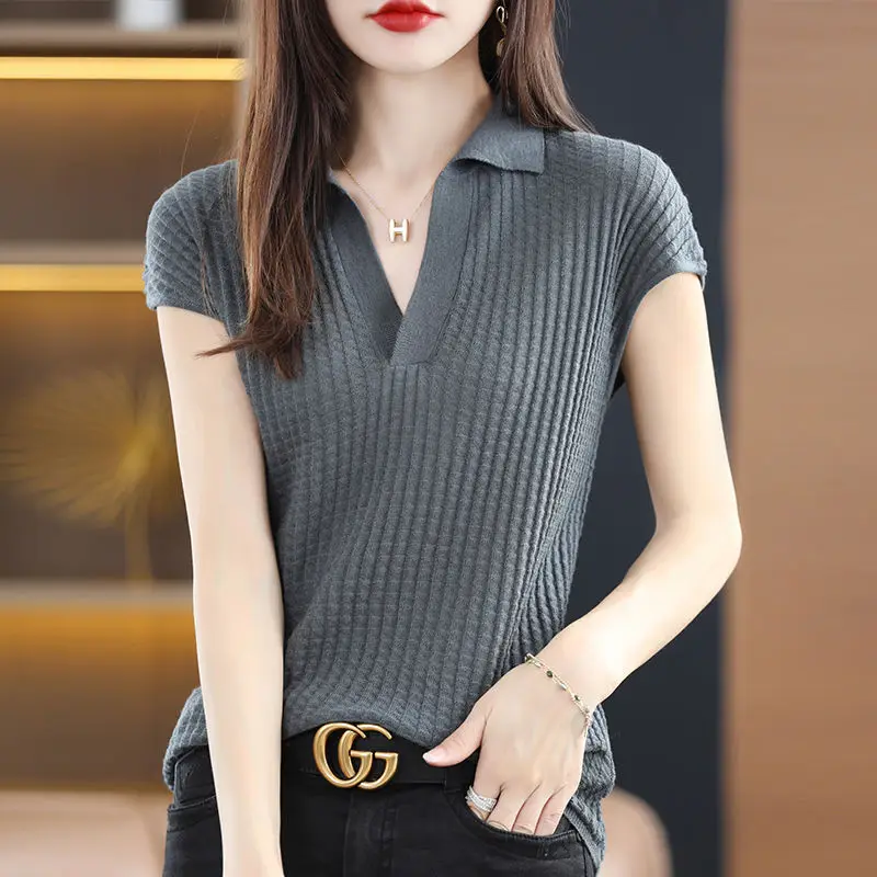 Fashion Lapel Solid Color Short Sleeve Shirt Summer All-match Casual Pullovers 2024 Women Clothing Loose Commute Knitted Blouse