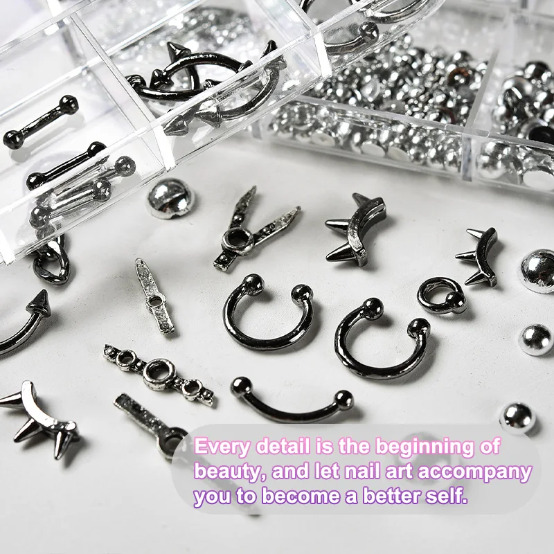 3BOX Y2K Gothic Punk Nail Art Kit - Mixed Silver 3D Metal Studs & Rhinestones, Nail Charms Set with Tweezers for Acrylic Nails. view 3