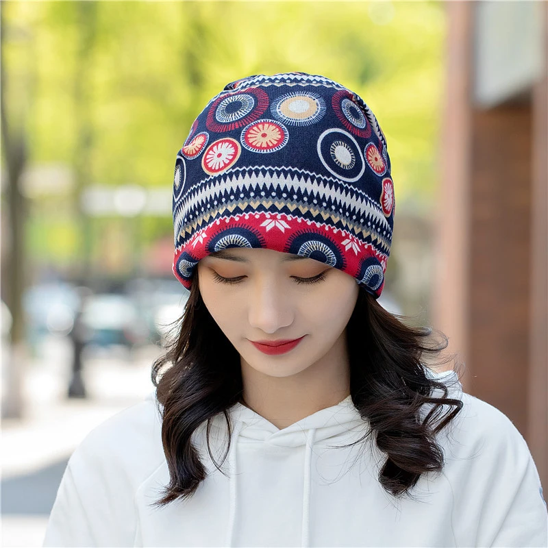 Baggy Casual Women Knit Beanie Hats Headwear Female Stylish Multicolor Flower Skull Beanies Hat Autumn Thin Bonnet Cap Headwear