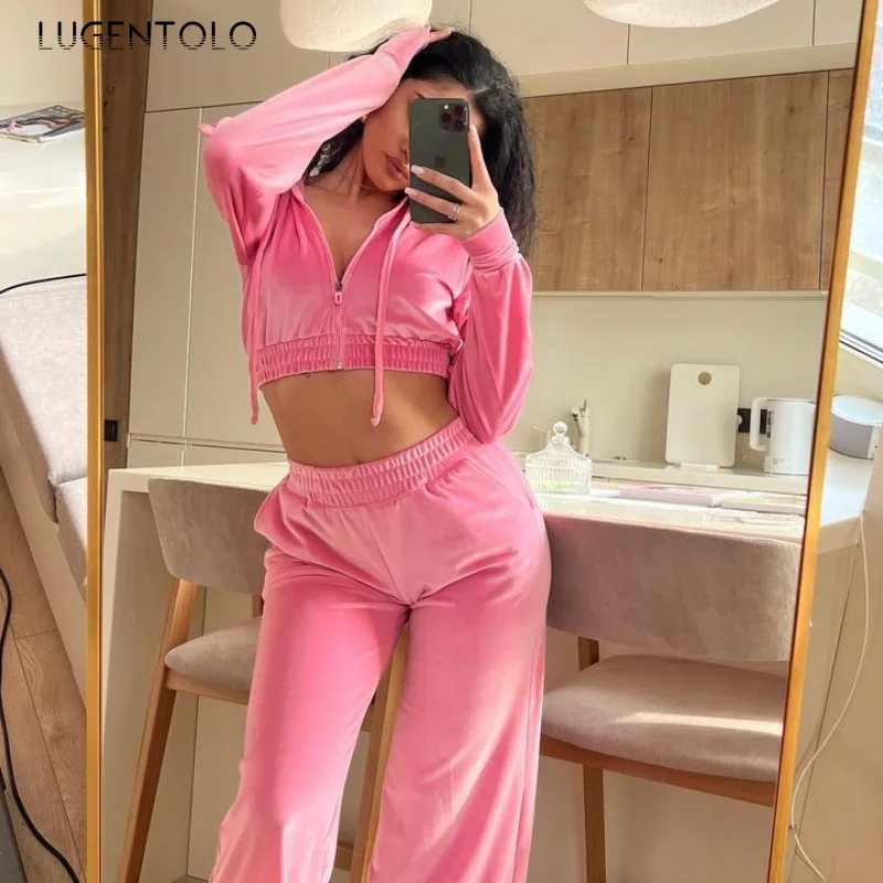 Women Hoodie Two-piece Set Velvet Long Sleeve Cardigan Zip Crop Tops Casual High Waist Straight-leg Pants Fashion Street Wear