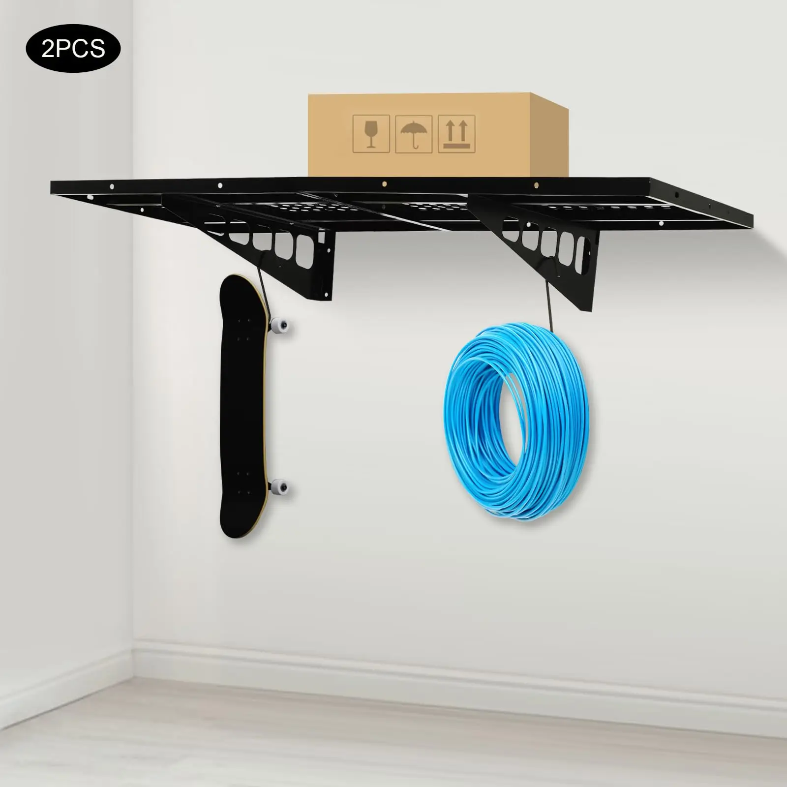 Настенная полка для гаража, 2 шт., 20 x 48 дюймов, сверхмощная черная стальная гаражная полка для хранения, 2-уровневые настенные плавающие полки для хранения велосипедов