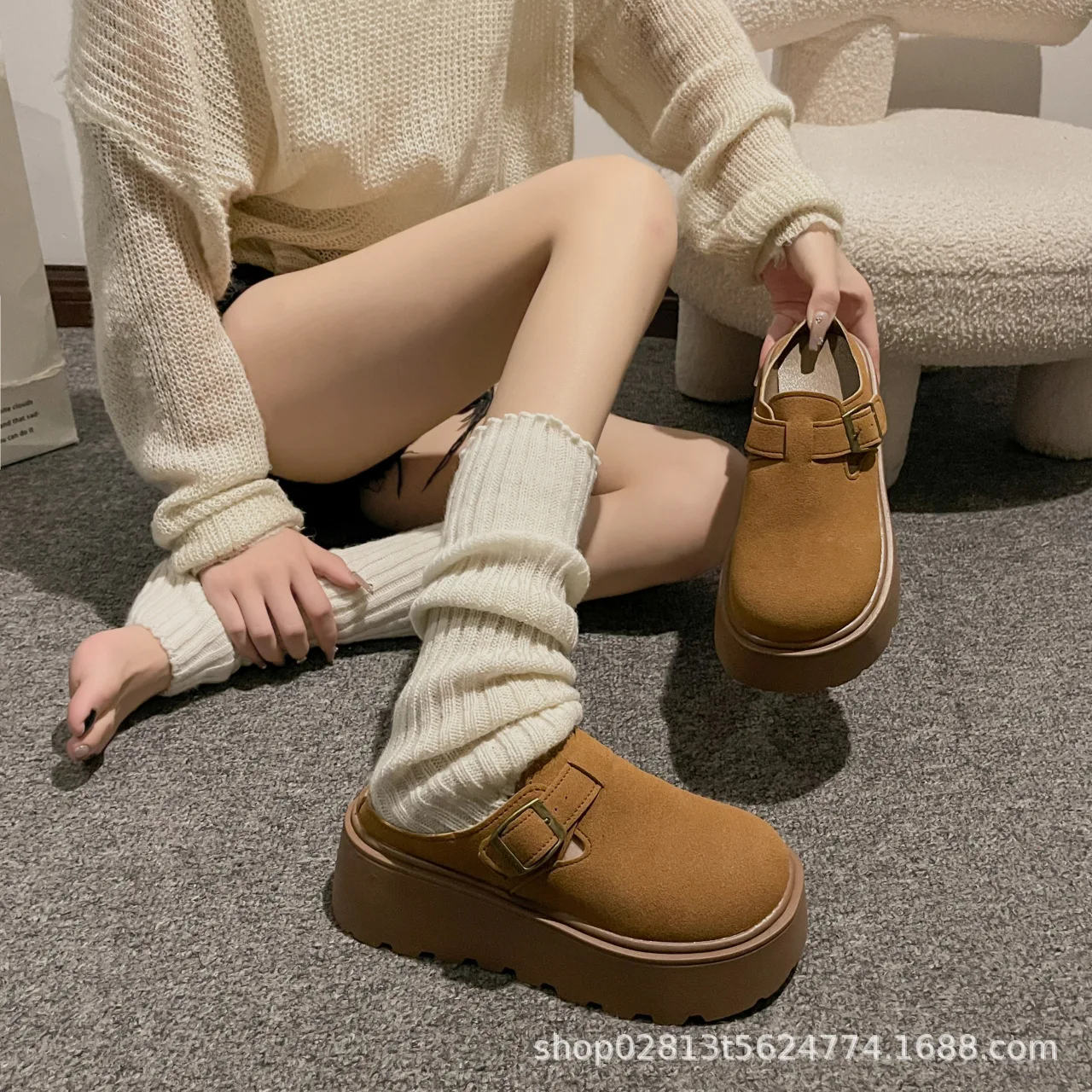 HKDQ Women's Mules Round Toe Platform Heel Suede-Look Upper Buckle Strap Casual Fashion Daily Walking Trendy Footwear