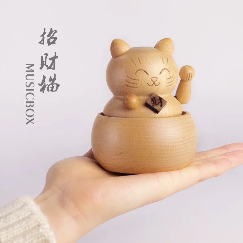 Wooden Clockwork Music Box Manual Lucky Cat Music Box Hand-operated Table Home Decor Artwork Musique Accessories Christmas Gifts