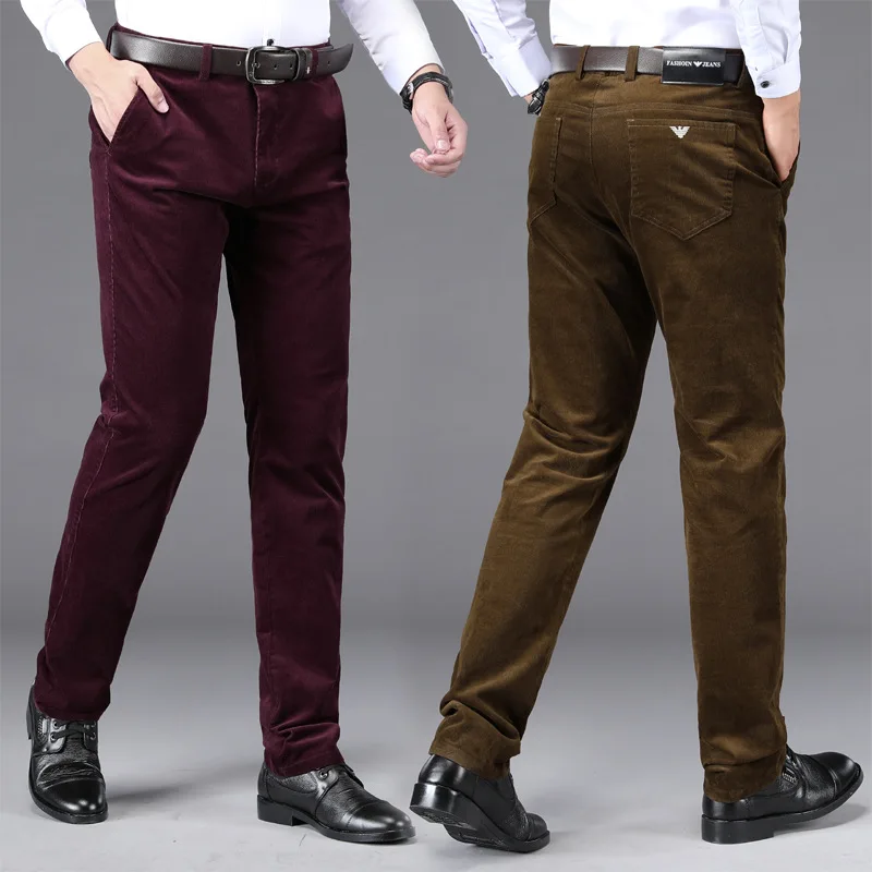 Calças de veludo de veludo masculino, calça casual reta solta, de meia idade, outono e inverno