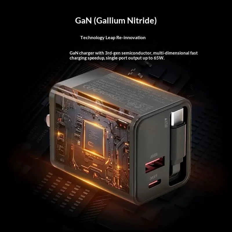 65w Gan Fast Charger Dual Port Usb A C With Built In Retractable Cable Pd Fast Charging For Various Types Smartphone Laptop