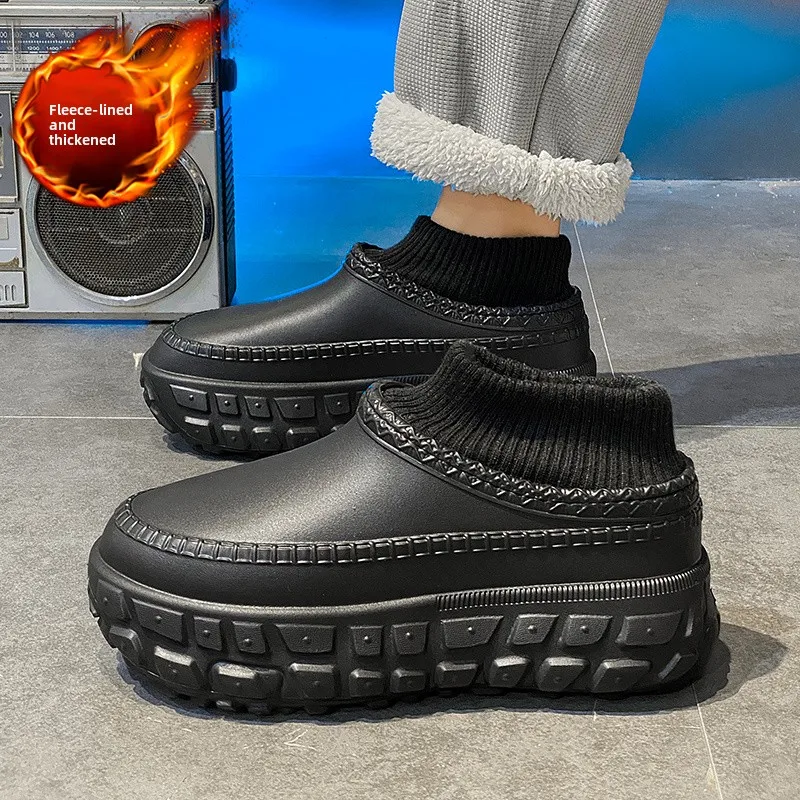 Men's Winter Thickened Fleece Slippers with Tire Sole Full Cover Anti-Cold Comfortable Cotton Slippers Youth Trendy Flat Heel