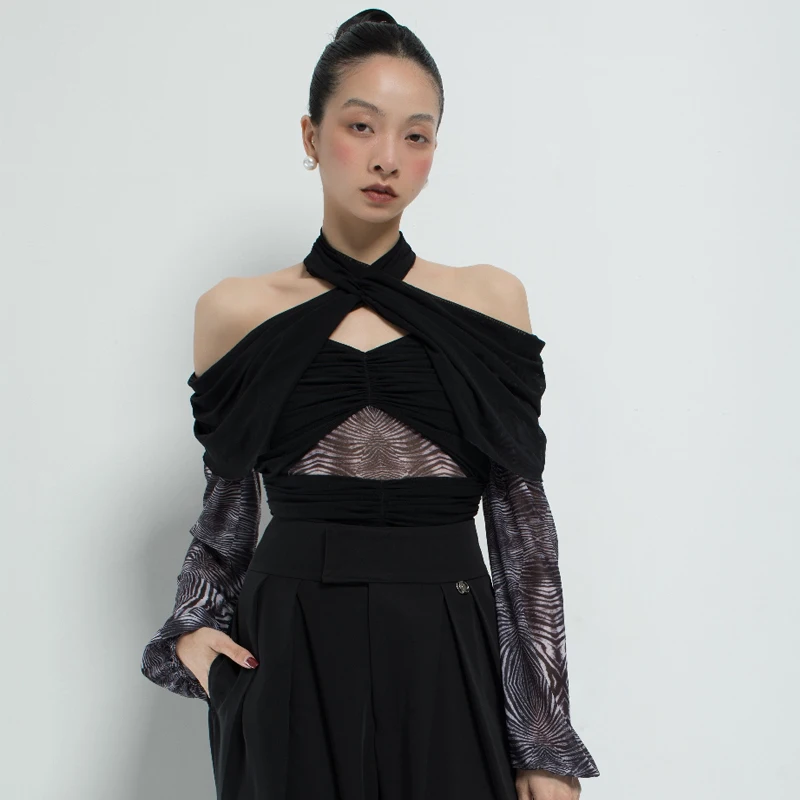 

Off Shoulder Latin Dance Top Women Samba Rumba Latin Tops Adults Ballroom Dance Bodysuit Long Sleeves Practice Wear SL12650