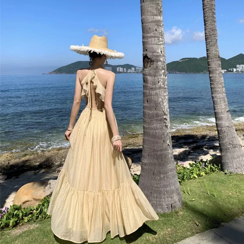 Women Ruffles Beauty Back Long Dress Beach Thailand Maldive Holiday Bohemian Dresses Lady Trendy Fashion Fairy Sweet Sundress