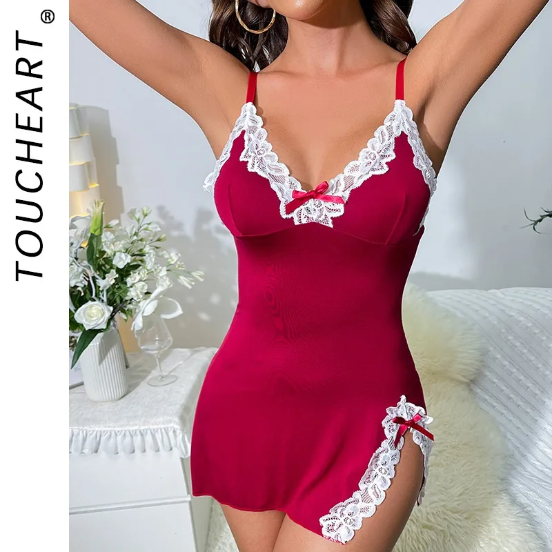 

Toucheart Women Sexy Dress with Panty Irregular Fancy Lace Bow Knot Decor Slim Delicate Elegant Intimate Sissy Sleepingskirt Set