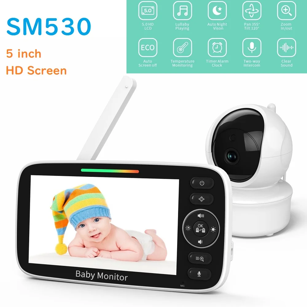 

SM530 5 inch HD Baby Monitor IPS Split Screen 4000mAh Battery Video Zoom Night Vision Camera And Audio With Lullabies Remote PTZ