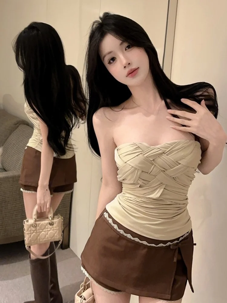 

Sexy Short Crop Top Strapless Vest Knitted Slimming Design with Chest Pad Base Shirt Hot Girl Pure Desire Style Chinese Brand
