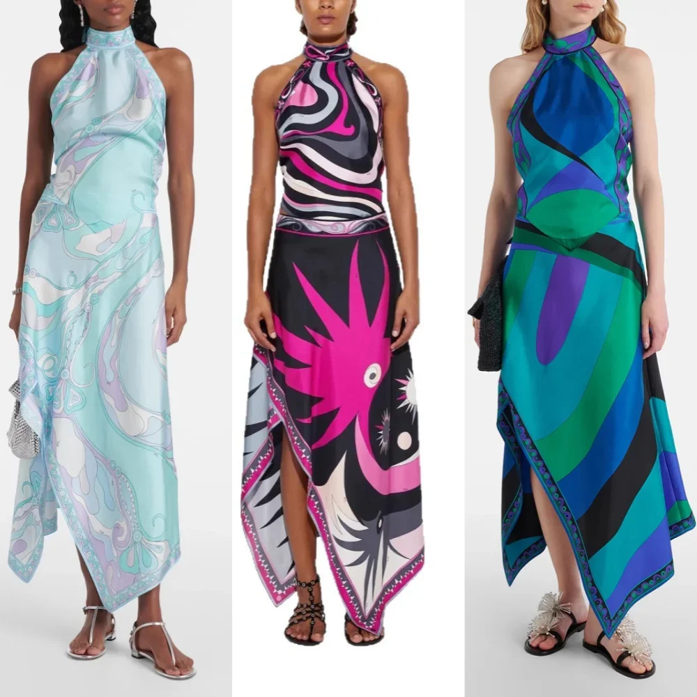 2025 جديد طباعة الساتان معلقة الرقبة الرسن تنورة غير النظامية مجموعتين قطعتين مجموعات ملابس نسائية تنورة مجموعات تنورة