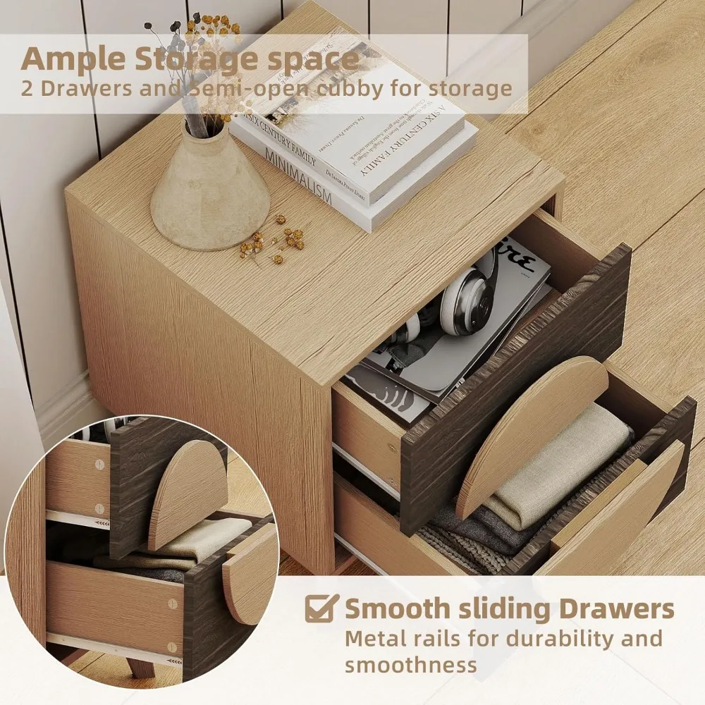 منضدة حديثة من خشب البلوط مقاس 15 بوصة مع أدراج ومقابض دائرية وطاولة جانبية مدمجة لغرفة النوم